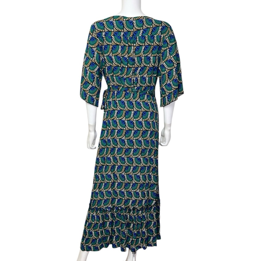 Printed V-Neck Midi Dress in Teal and Navy - Picture 7 of 10